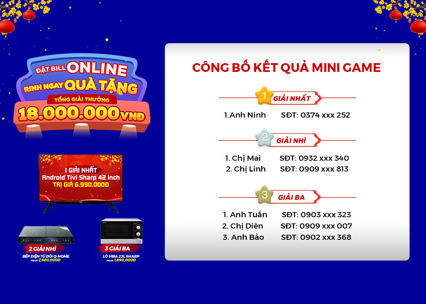 [HOT]: Công bố kết quả Chương trình Đặt Bill Online - Trúng ngay quà tặng