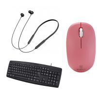 Tai nghe + Bàn phím có dây + Chuột không dây hồng