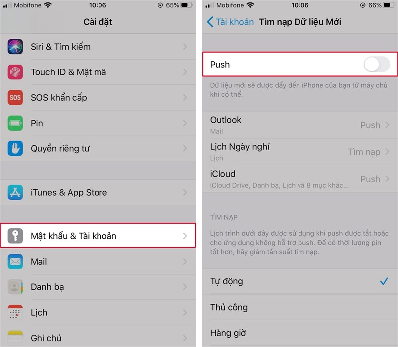 Chú ý các mục Mail, Danh bạ, Lịch