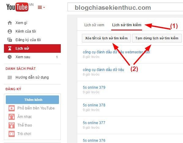 xoá lịch sử của Youtube